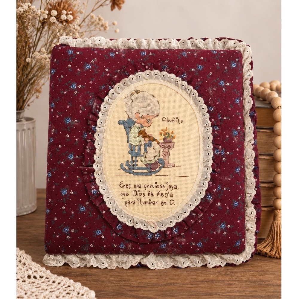 Handmade Abuelita Cross Stitch Photo Album Burgundy Floral Lace 3-Ring Binder